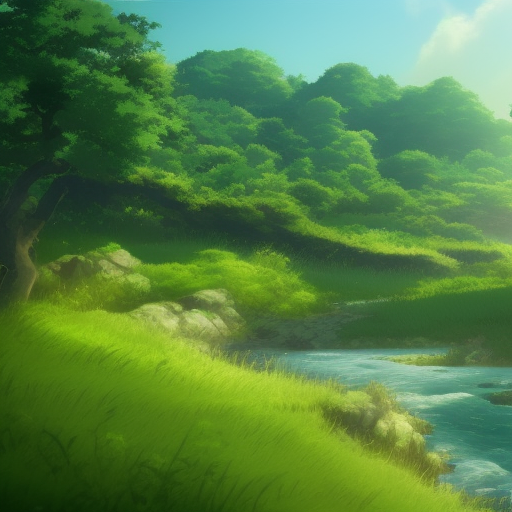 A fantasy countryside with a winding river flowing through a grassy meadow, artistic style
